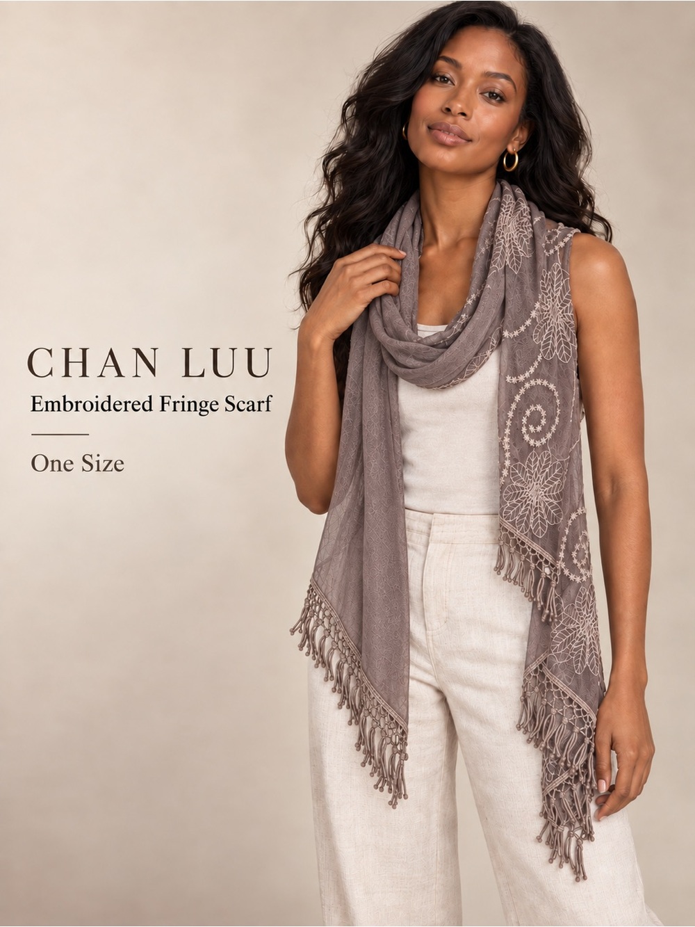 CHAN LUU Embroidered Sheer Fringe Scarf Shawl Wrap Taupe Gray One Size